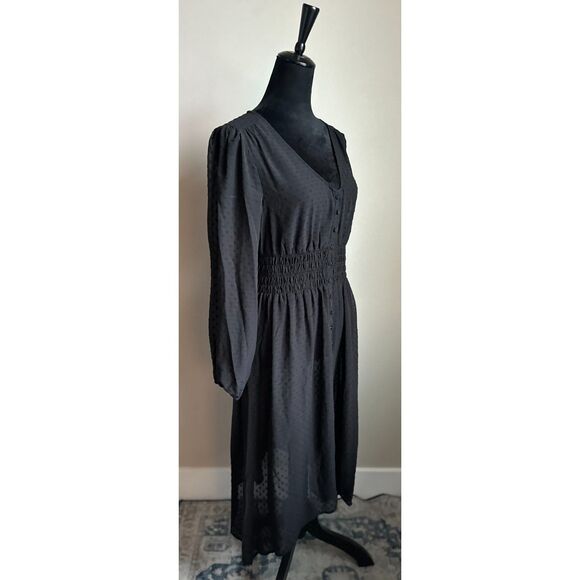 KENZIE Black Sheer V Neck Button Front Polka Dot Long Sleeve Midi Dress Size M - Picture 4 of 7